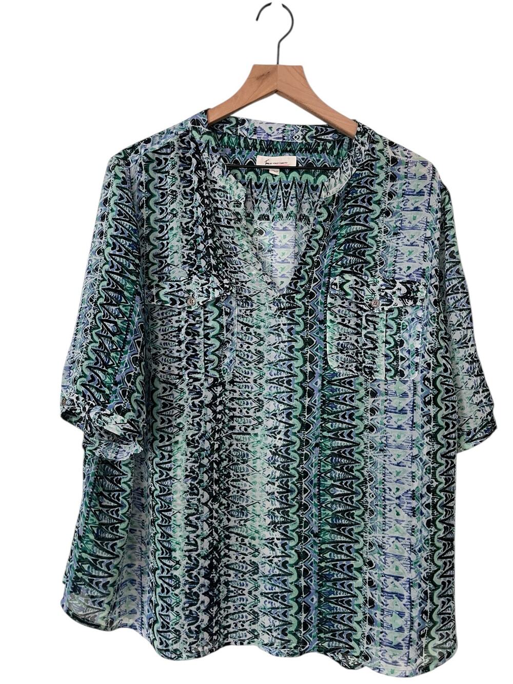 Two by Vince Camuto Green Blue Abstract Semi Sheer Short Sleeve Blouse Size 3X